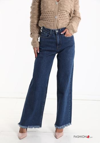  high waist wide leg Cotton Jeans with pockets with fringe