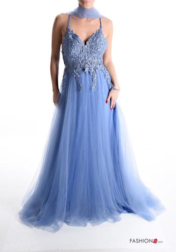  lace trim long sleeveless tulle Dress with rhinestones with scarf Savoy blue
