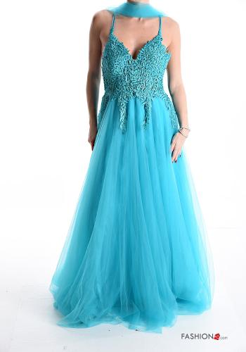  lace trim long sleeveless tulle Dress with rhinestones with scarf Cyan