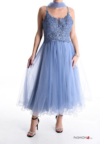  lace trim long sleeveless tulle Dress with scarf Light cornflower blue