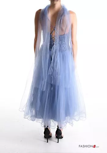  lace trim long sleeveless tulle Dress with scarf