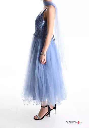  lace trim long sleeveless tulle Dress with scarf