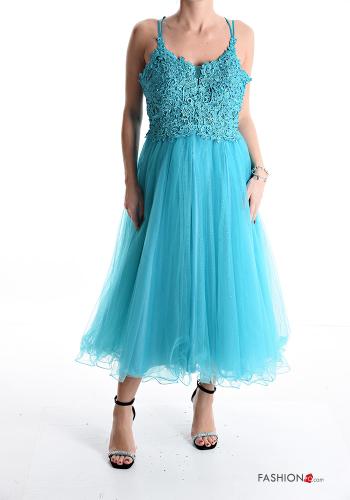  lace trim long sleeveless tulle Dress with scarf Cyan