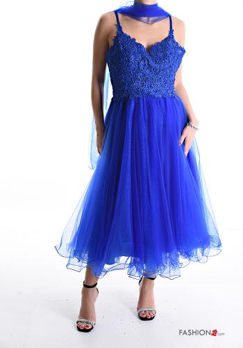  lace trim long sleeveless tulle Dress with scarf Blue