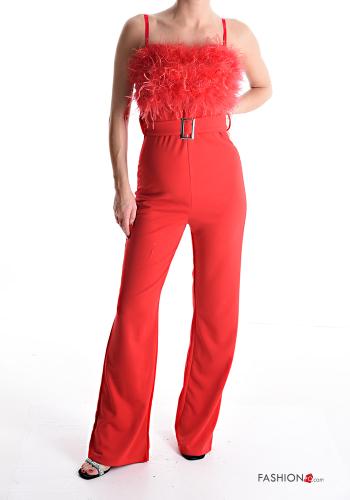  sleeveless Jumpsuit with belt with feathers with zip Red