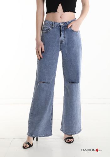  wide leg ripped Cotton Jeans with pockets Light cornflower blue