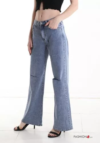  wide leg ripped Cotton Jeans with pockets