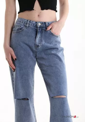  wide leg ripped Cotton Jeans with pockets