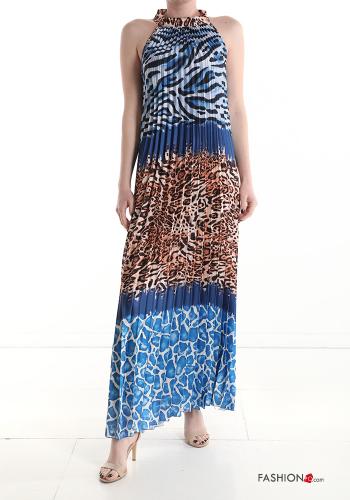  Animal print pleated long Sleeveless Dress  Blue