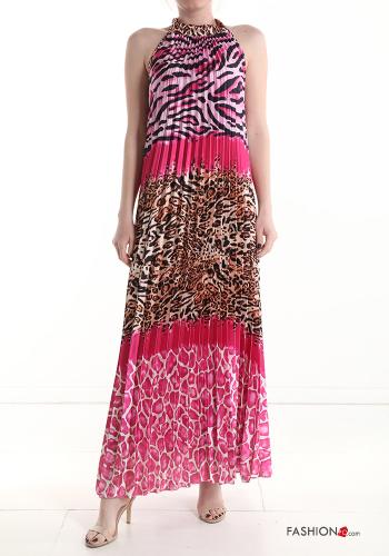  Animal print pleated long Sleeveless Dress  Fucsia
