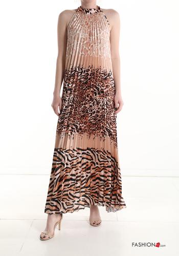  Animal print pleated long Sleeveless Dress  Beige