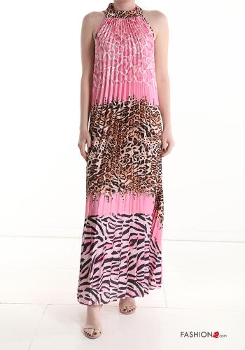  Animal print pleated long Sleeveless Dress  Pink