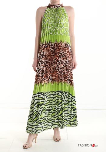  Animal print pleated long Sleeveless Dress  Green