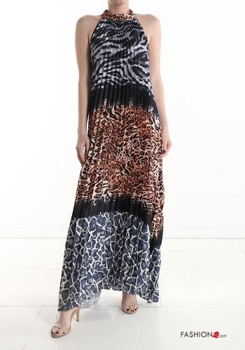  Animal print pleated long Sleeveless Dress  Black