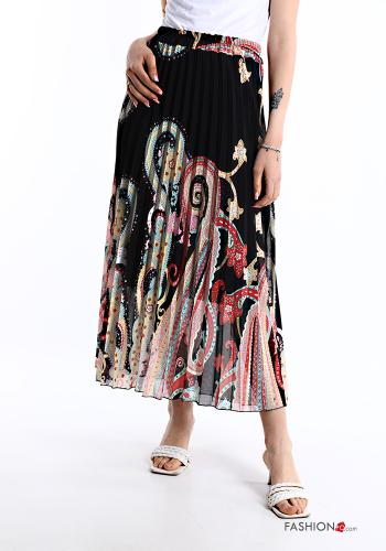  Jacquard print pleated Longuette Skirt with elastic Black