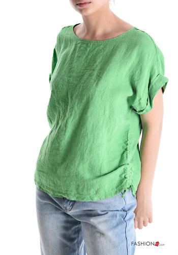  adjustable short sleeve Linen Blouse  Green