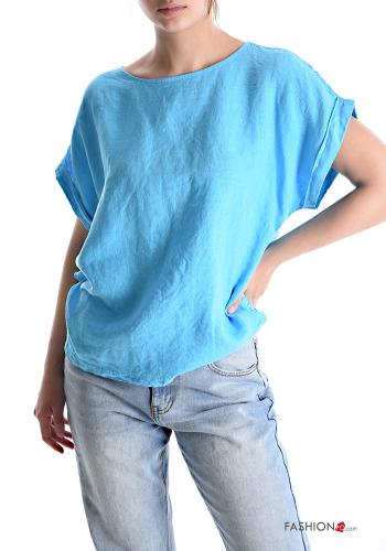  adjustable short sleeve Linen Blouse  Turquoise