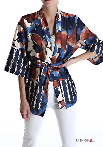  Floral satin Kimono with belt Prussian blue