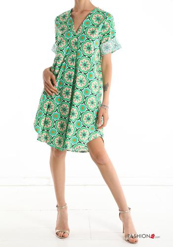  Vestido de Algodón escote en v Floral  Verde