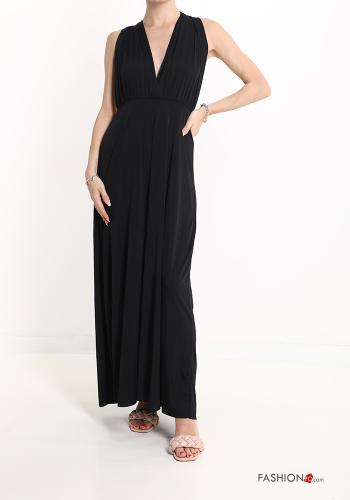  Sleeveless Dress with bow with v-neck Black