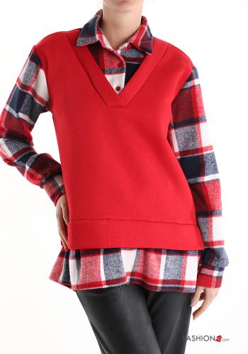  Sweatshirt em Algodão Padrão Tartan  Vermelho