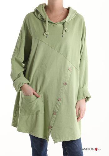  Felpa in Cotone con tasche con bottoni con cappuccio  Celadon