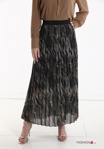 Animal print pleated Longuette lurex Skirt with elastic Military green