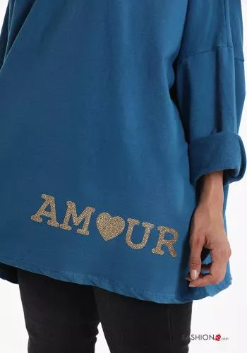  Lettering print lace trim oversized Cotton Sweatshirt with hood