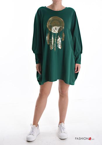  Vestido de Algodón corto manga larga asimetrico Diseño impreso  Verde Botella