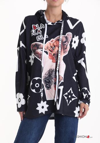  Patterned Sweatshirt with hood with drawstring