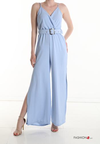  Jumpsuit senza maniche con spacco con cintura scollo a V  Celeste