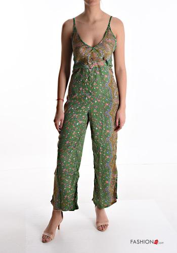  Jacquard print Silk Jumpsuit with bow with v-neck Green Asparagus