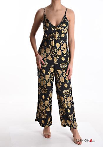  Jacquard print Silk Jumpsuit with bow with v-neck Black