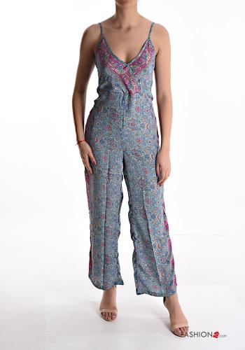  Jacquard print Silk Jumpsuit with bow with v-neck Light -blue