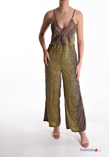  Jacquard print Silk Jumpsuit with bow with v-neck Light olive
