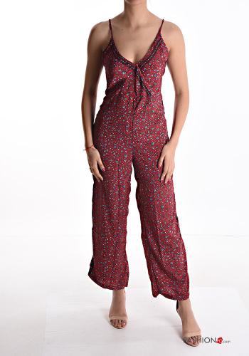  Jacquard print Silk Jumpsuit with bow with v-neck Amaranth