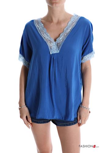  lace T-shirt with v-neck Electric blue