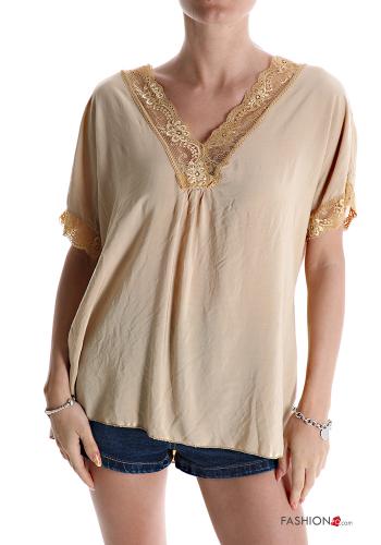  lace T-shirt with v-neck Camel