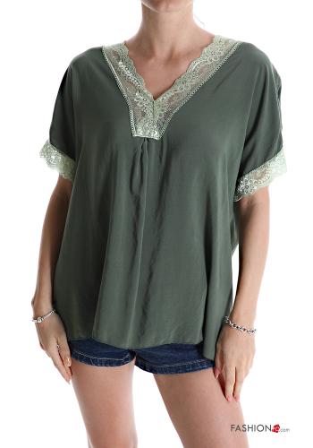  lace T-shirt with v-neck Military green