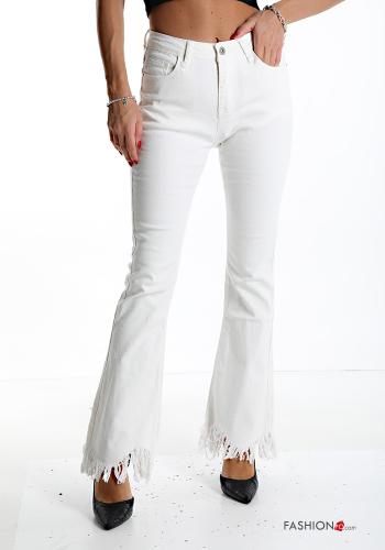  Jeans in Cotone a zampa con tasche con frange  Bianco