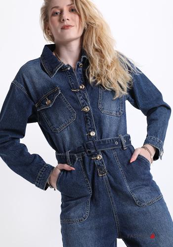  denim Cotton Jumpsuit with buttons with pockets