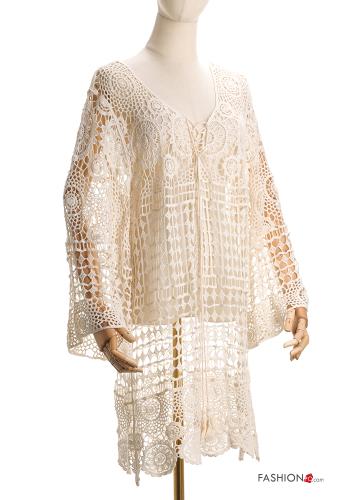  lace trim long sleeve Cotton Cover up with bow