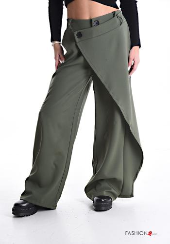  Calças oversize wide leg com bolsos com elástico  Verde oliva escuro