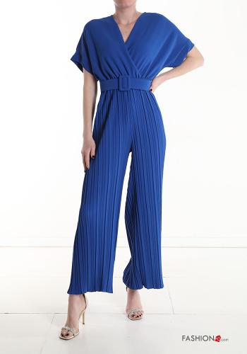  pleated short sleeve Jumpsuit with belt with v-neck