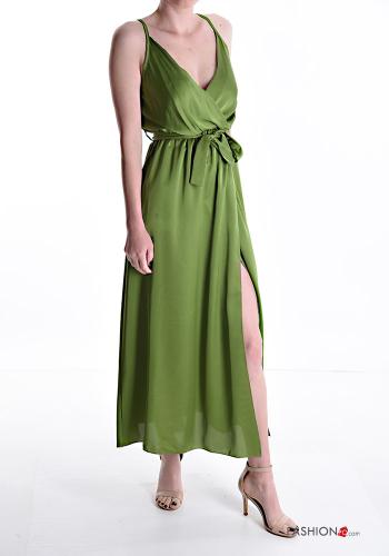  sleeveless long satin Dress with sash with split with v-neck