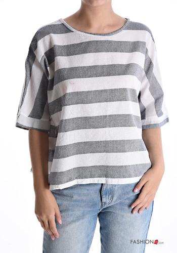  Striped Cotton T-shirt  Light grey