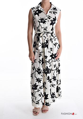  Patterned sleeveless with collar long Cotton Dress with buttons with sash Black