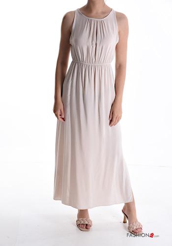  sleeveless long Dress with buttons with elastic Beige