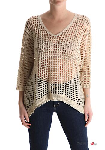  oversized fishnet Cotton Sweater with v-neck