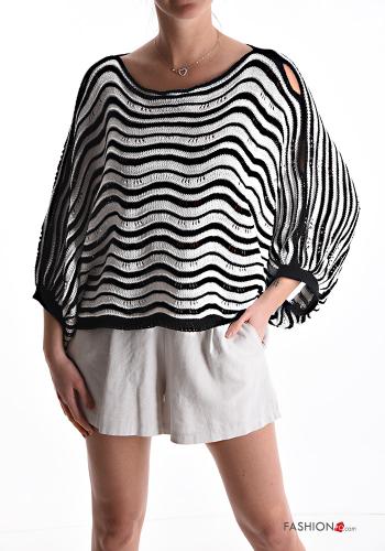  Maglione in Cotone oversize Fantasia righe maniche a tre quarti  Nero